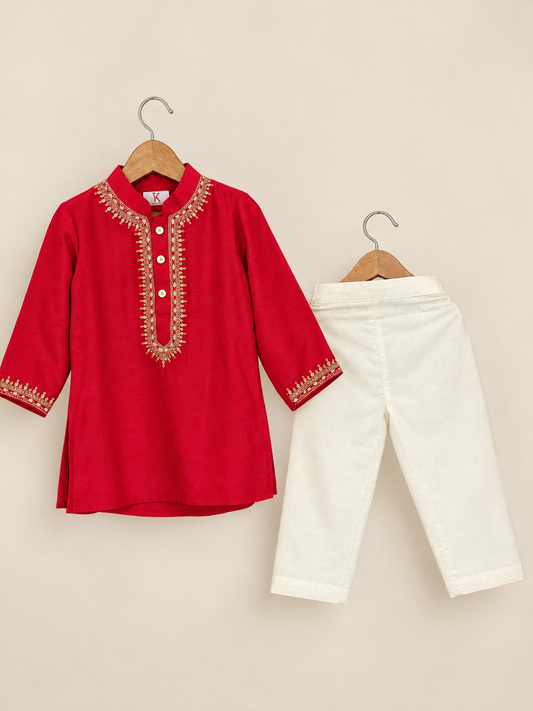 Red Kurta Yoke Embroidery